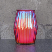 Load image into Gallery viewer, Large Lantern Style Iridescent Red Glass Spiced Pomegranate Candle by Candlelight
