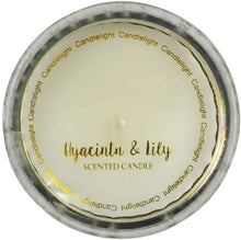 Load image into Gallery viewer, Large Metallic Embossed Silver Jar Hyacinth &amp; Lily  Fragrance Candle by Candlelight
