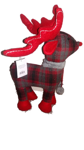 Christmas Grey and Red Tartan Fabric Reindeer Standing Decoration-The Useful Shop