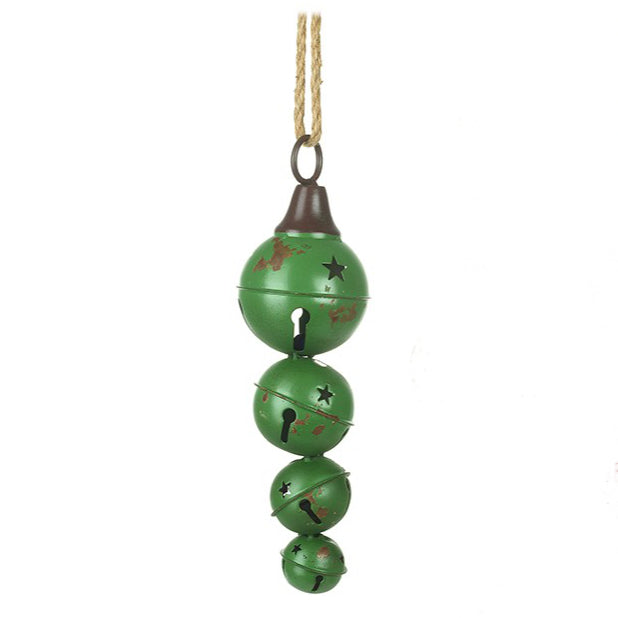 Large Metal Vintage Christmas Cascading Jingle Bells Decoration with Rope Hanger - Green