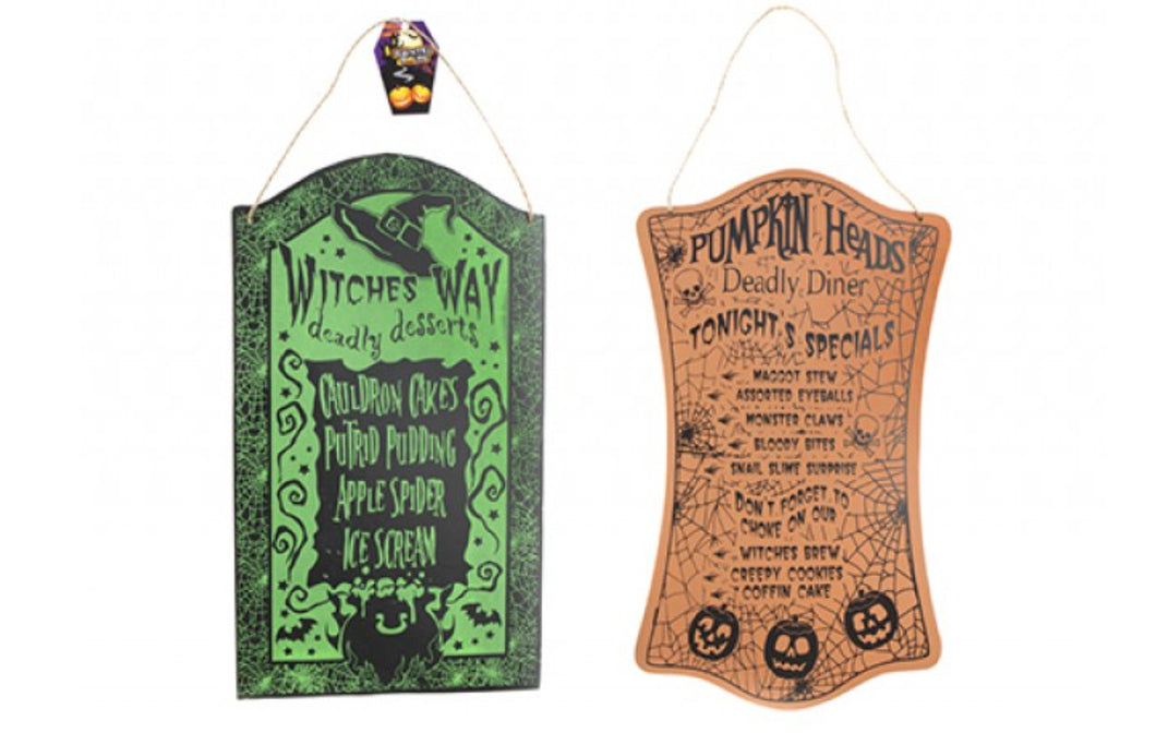Set of 2 Novelty Halloween Menu Hanging Wooden Boards - Deadly Diner & Witches Way