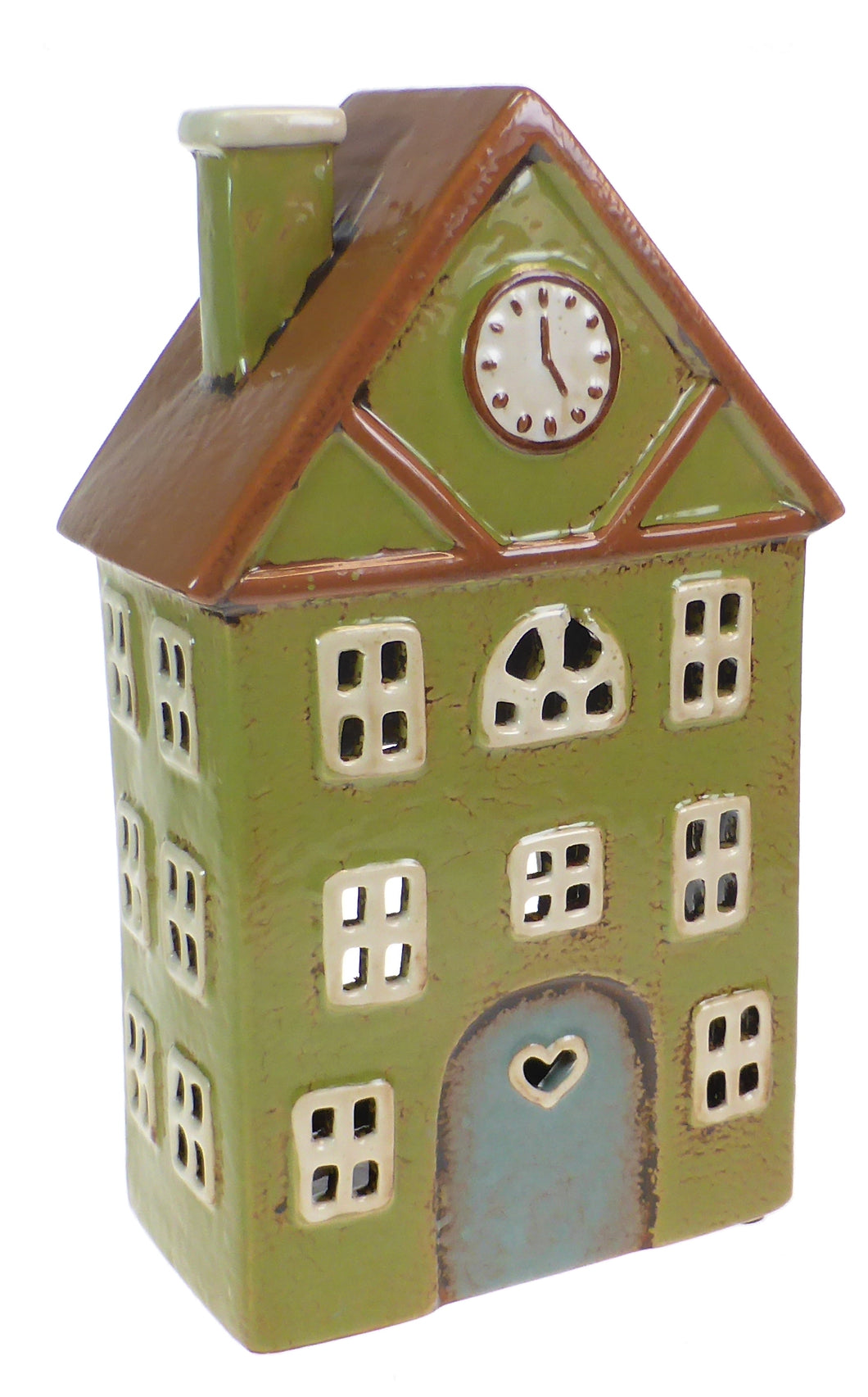 Large Glazed Pottery Town House Candle Lantern - Green / Cream