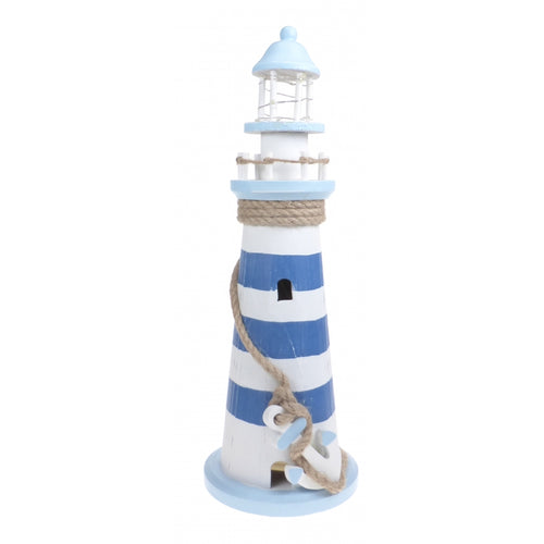 Large Blue and White Wooden Lighthouse Ornament with LED Lighting