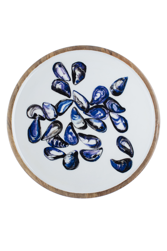 Blue and White Mussels Moules Design Wooden Large 33cm Platter by Shoeless Joe