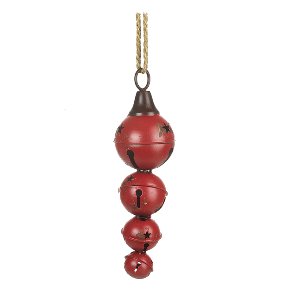 Large Metal Vintage Christmas Cascading Jingle Bells Decoration with Rope Hanger - Red