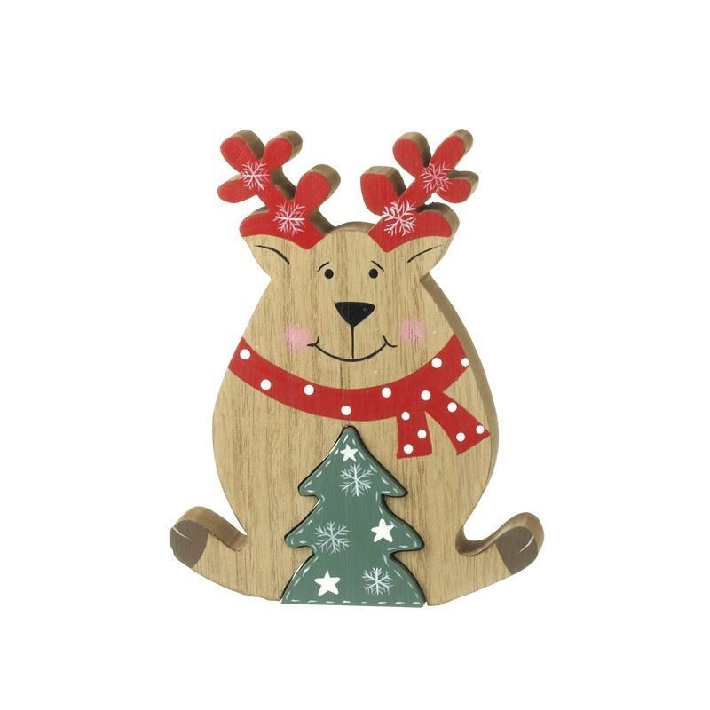 Cute Wooden Reindeer with Pop-out Christmas Tree Woodcut Decoration