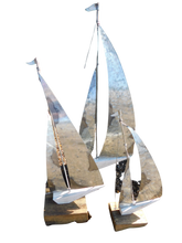Load image into Gallery viewer, Set of 3 Silver Metal Sailboats Display Ornaments by Shoeless Joe
