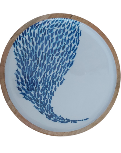Blue and White Shoal of Fishes Design Wooden Large 33cm Platter by Shoeless Joe