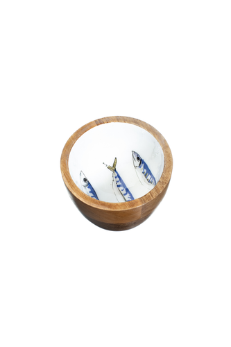 Blue & White Mackerel Three Fishes Design Wooden Nut and Nibbles Bowl by Shoeless Joe