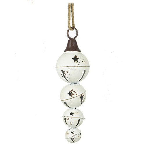 Large Metal Vintage Christmas Cascading Jingle Bells Decoration with Rope Hanger - White